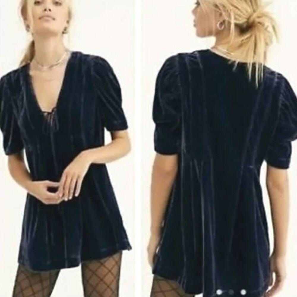 Free People Adelle Velvet Dress Indigo Lost Blue Shory Sleeve Size Medium